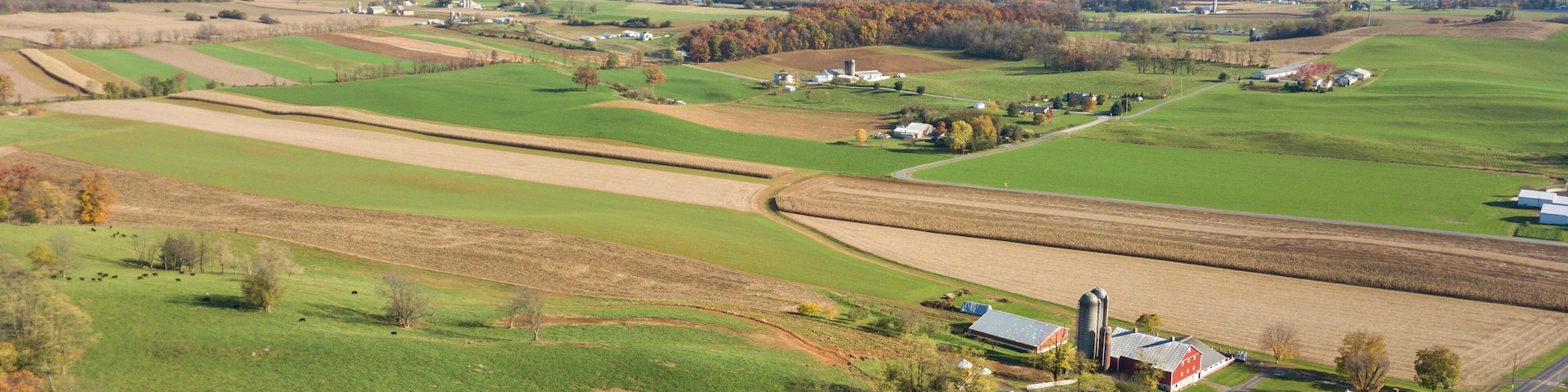 Aerial of Farmland Surrounding Shippensburg, Pennsylvania during late Fall