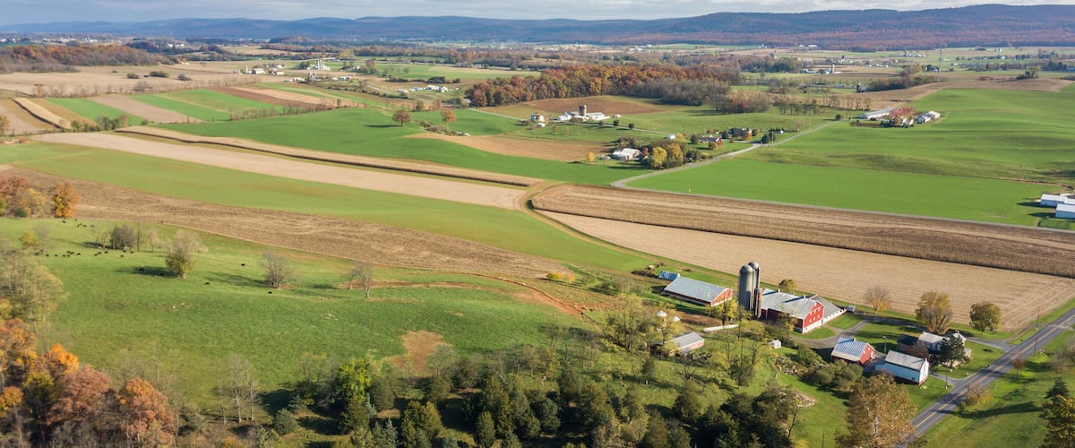 Aerial of Farmland Surrounding Shippensburg, Pennsylvania during late Fall