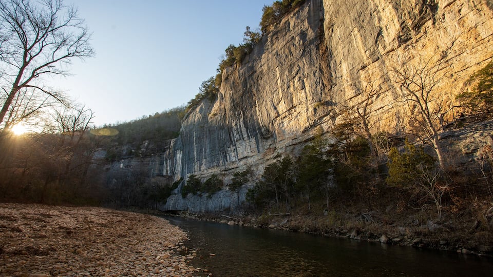 A river flowing through a rocky gorge with a steep cliff on one side and a leafless tree on the other.