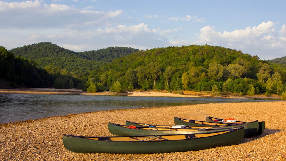 A riverbank with canoes and a forested hill in the background.