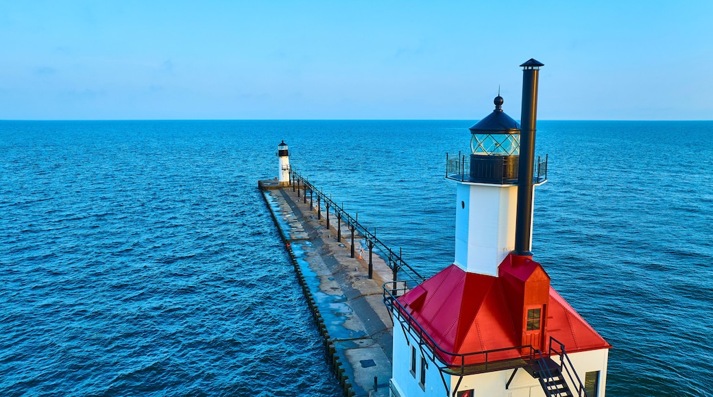 Aerial View of Twin Lighthouses on Lake Michigan Pier in Benton Harbor