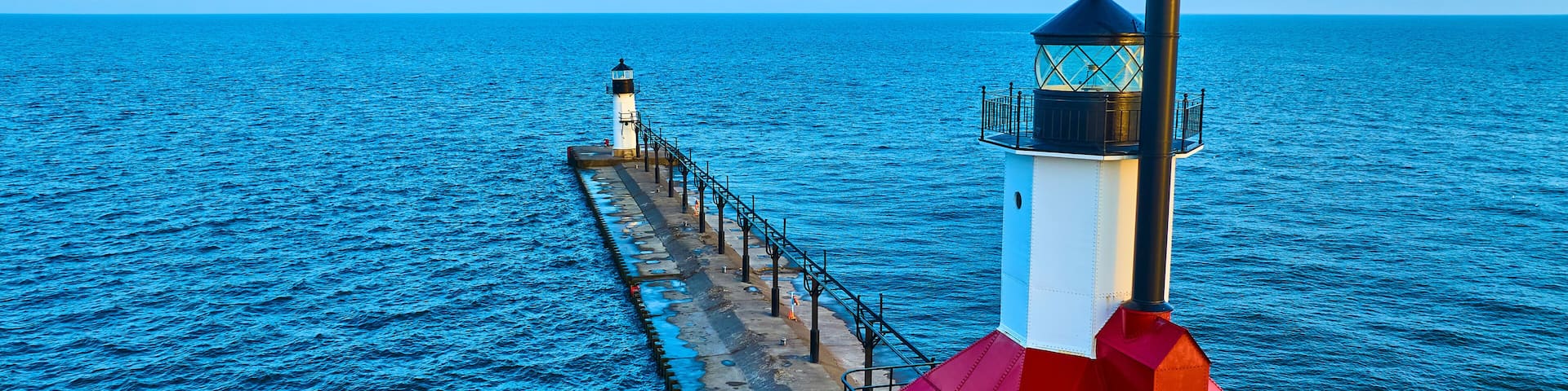 Aerial View of Twin Lighthouses on Lake Michigan Pier in Benton Harbor