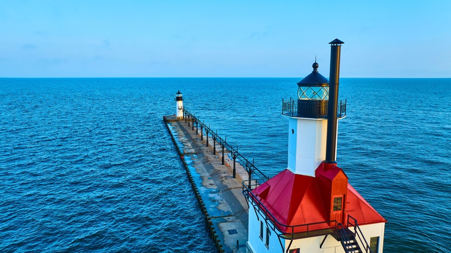 Aerial View of Twin Lighthouses on Lake Michigan Pier in Benton Harbor