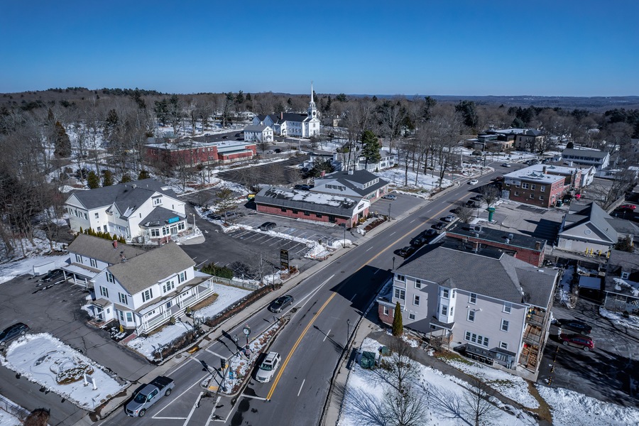 Aerial view of Shrewsbury, Massachusetts in late winter