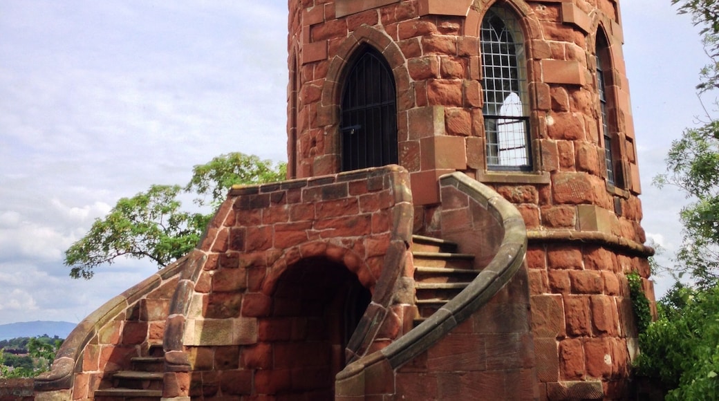 Una torre histórica con una escalera en espiral que lleva a una ventana, rodeada de follaje.