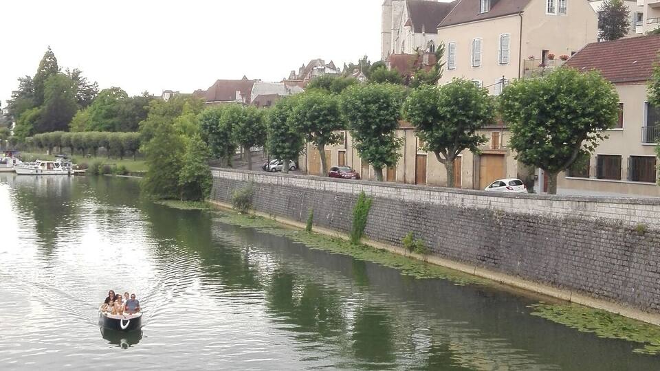 A river with a boat, purple flowers in the foreground, and a historic building with a tower in the background.