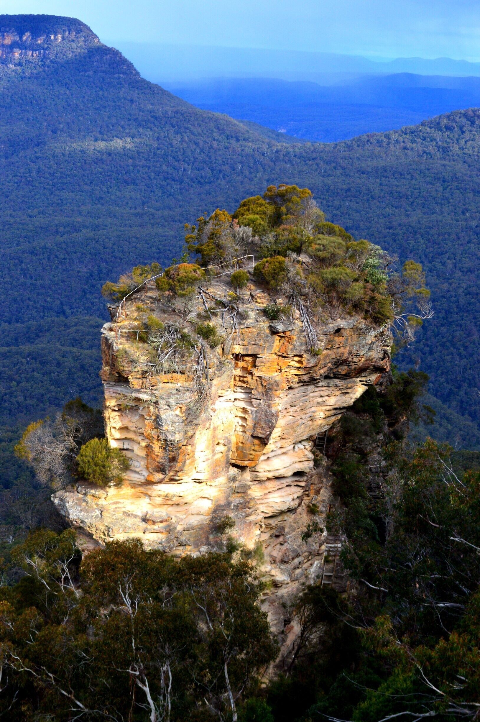 Solitary Rock.  There is a staircase attached to this rock that juts out within the Jamison Valley.  They use to allow tourists to climb the rock but has been closed for many years for fear it was unsafe and could collapse.  
Such a beauty.
#solitaryrock#scenicworld#katoomba#bluemountains