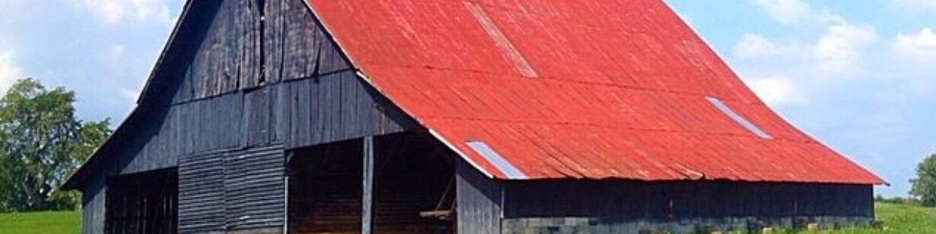 A large barn with a red roof and a dark wooden structure in a grassy field.