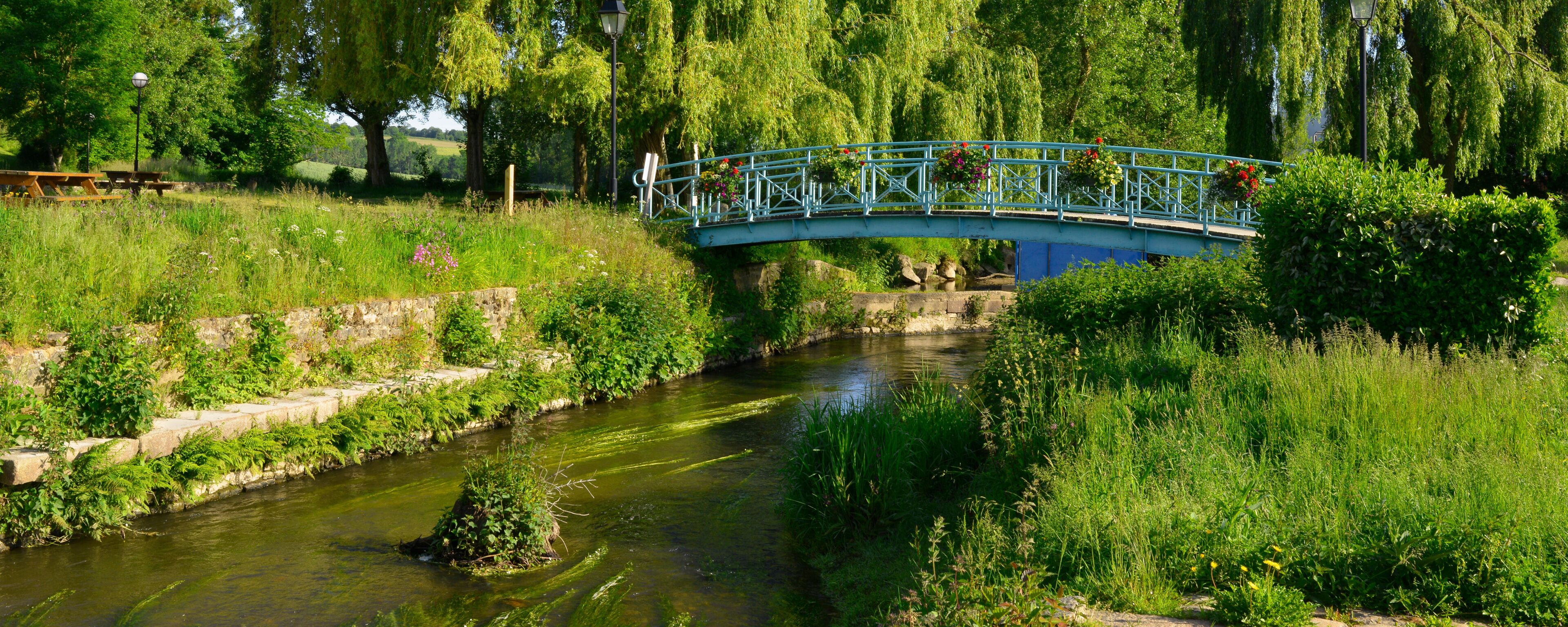 A blue bridge over a river, surrounded by lush greenery and trees.