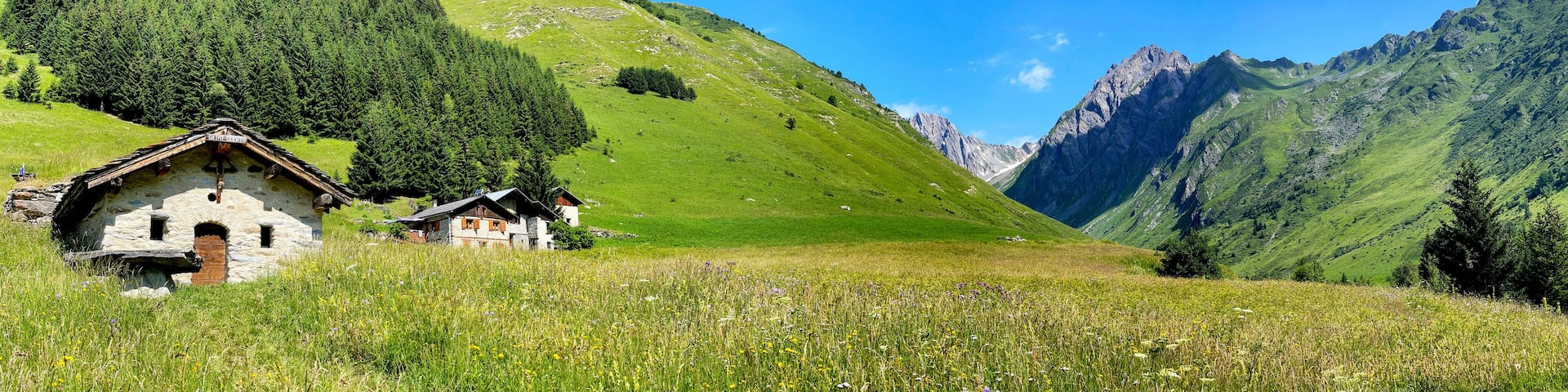 beautiful alpine landscape in Savoy with green meadow and flowered and small chapel under blue sky