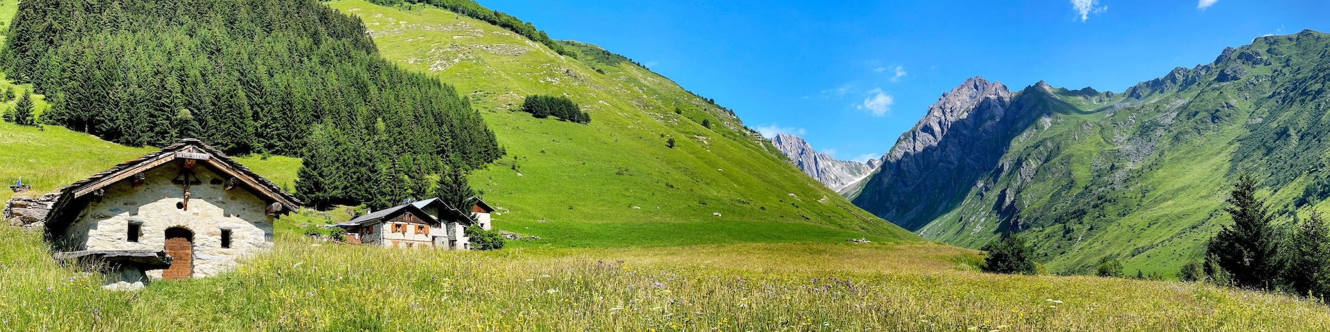beautiful alpine landscape in Savoy with green meadow and flowered and small chapel under blue sky