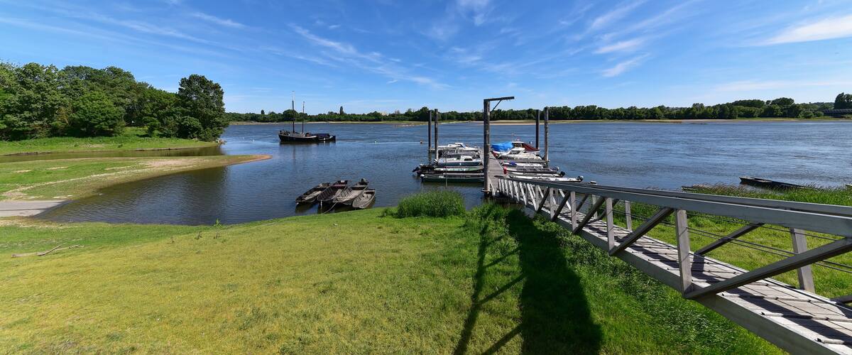 A river with boats docked at a pier, surrounded by greenery and a clear sky.