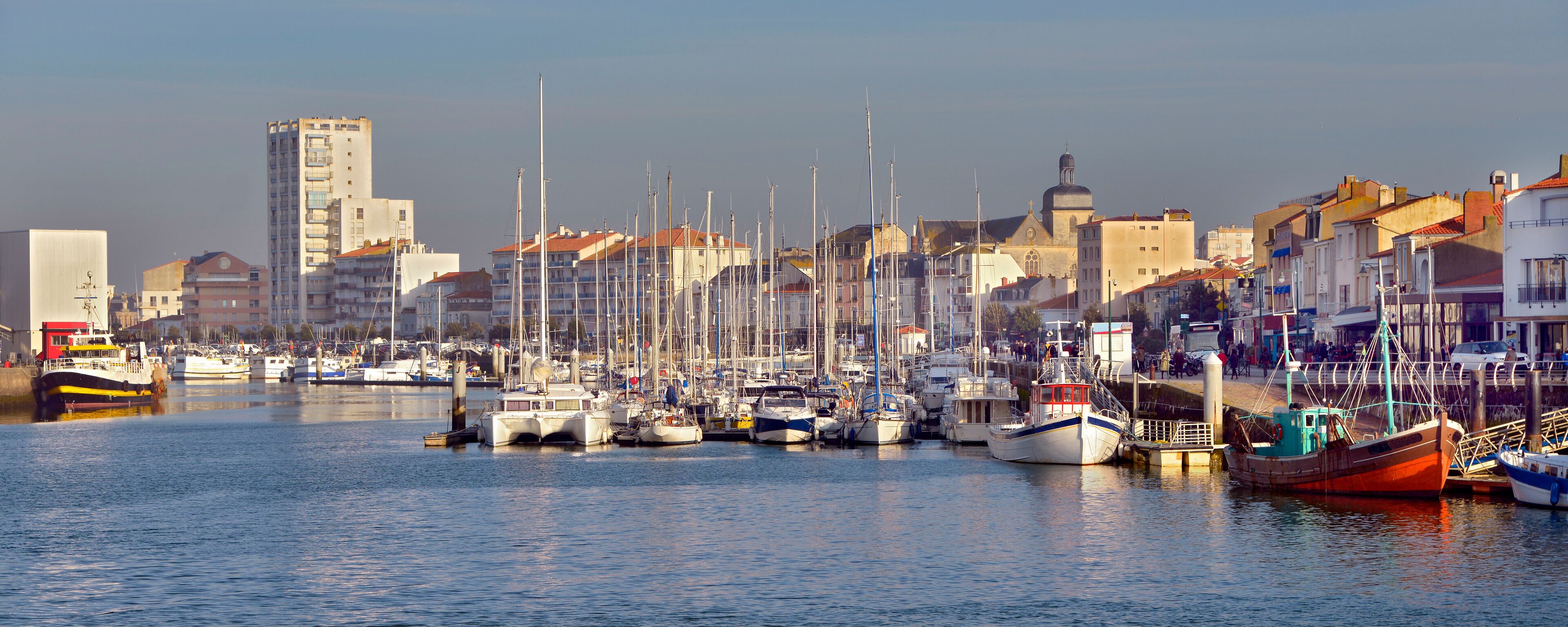 Panoramic photo of port of Les Sables d'Olonne, commune in the Vendée department in the Pays de la Loire region in western France
