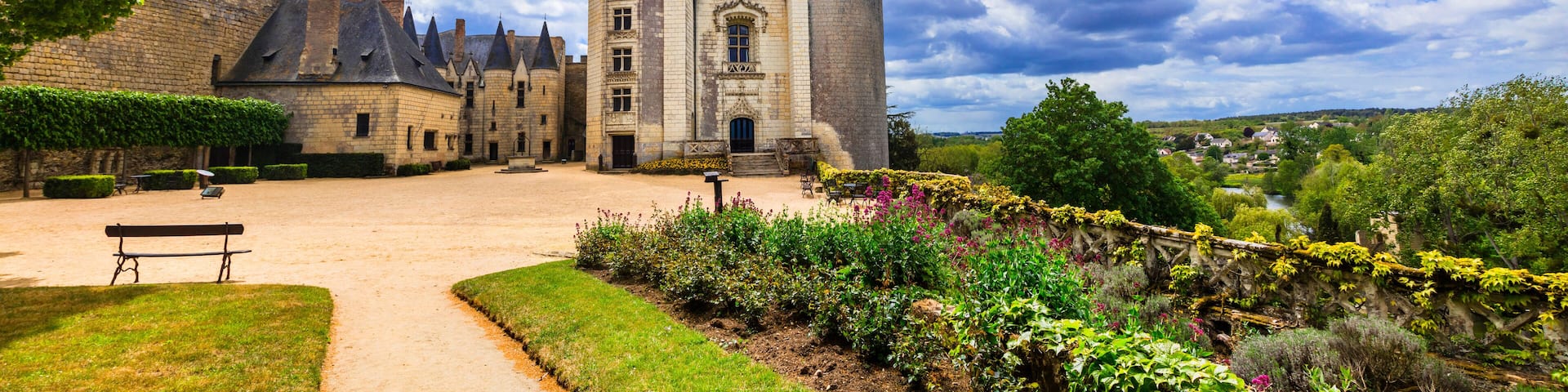 Ultra Wide Panorama of Medieval French Castle in Loire Valley. Majestic Fortress Architecture with Defensive Walls and Gardens in Anjou Region. Famous Chateau in France Chateau de Montreuil-Bellay