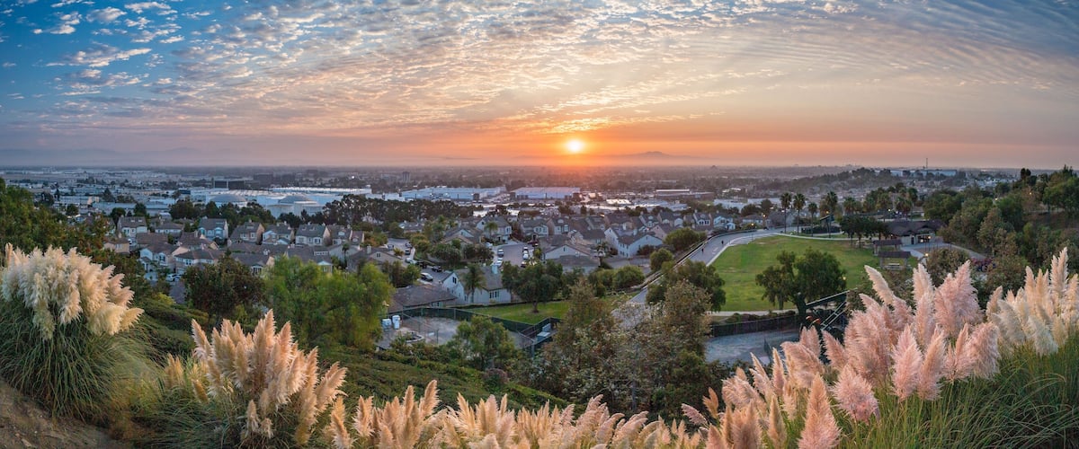 A sunset over a residential area with houses, trees, and a river.