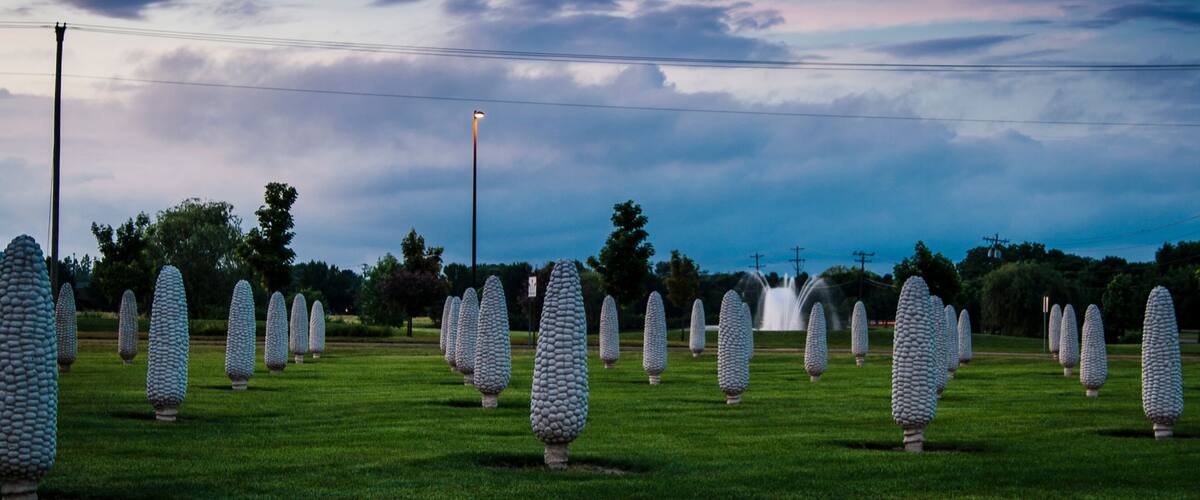 A field of unique, textured sculptures resembling eggs arranged in rows.