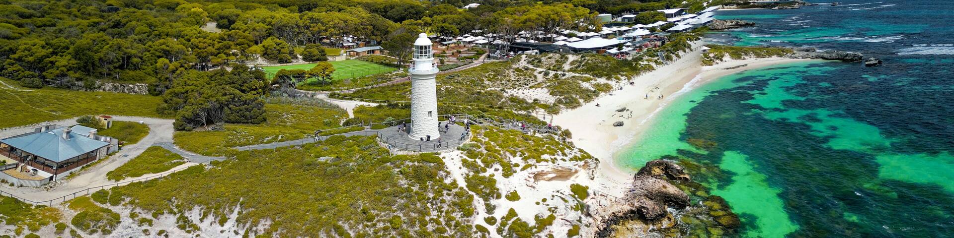 Aerial view of Bathurst Lighthouse in Rottnest Island, Australia