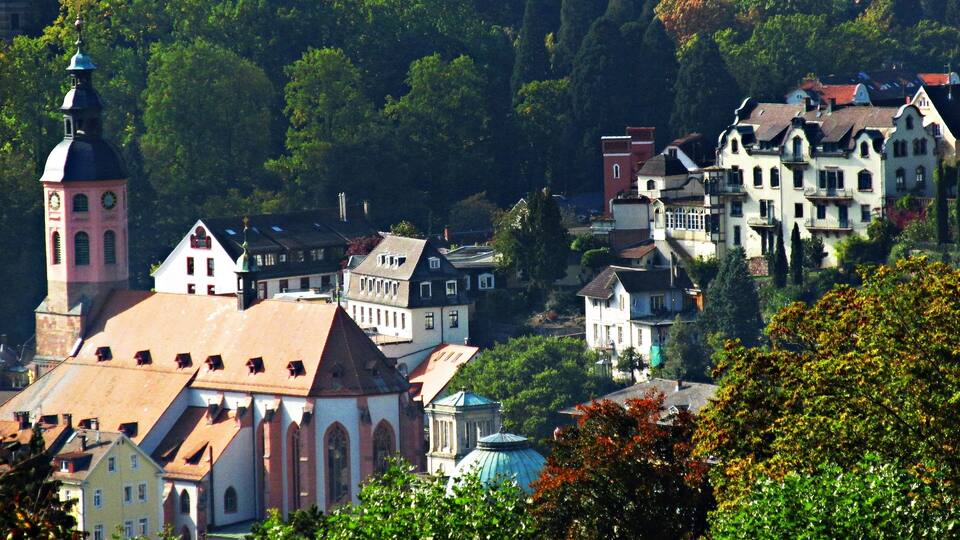 A town with historic buildings, a church, and a tower.