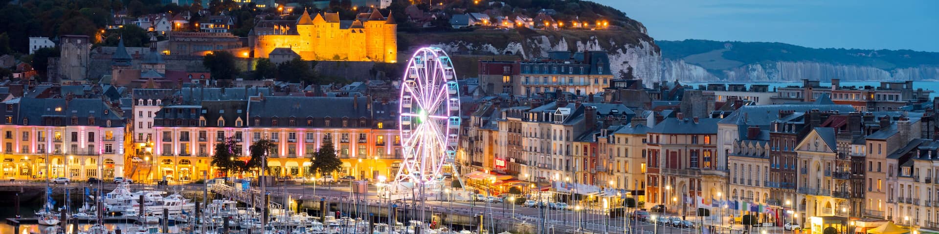 Europe, France, Normandy, Dieppe skyline pano dusk