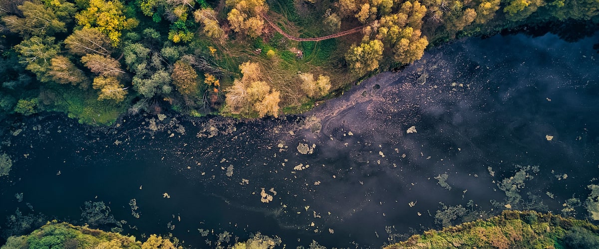 An aerial view of a river with surrounding forested areas and a visible path.