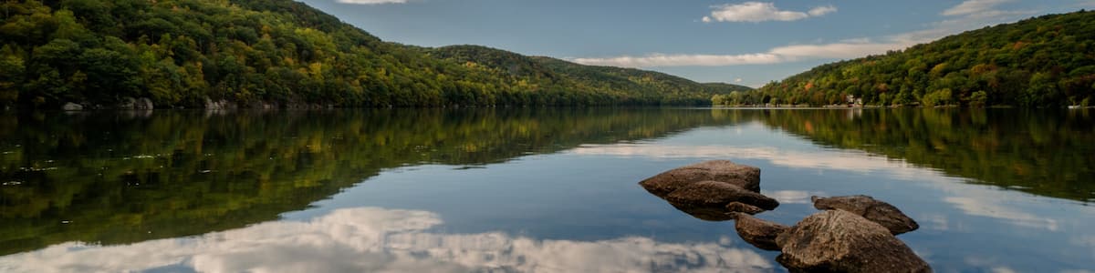 A calm lake with a reflection of the sky and surrounding forest.