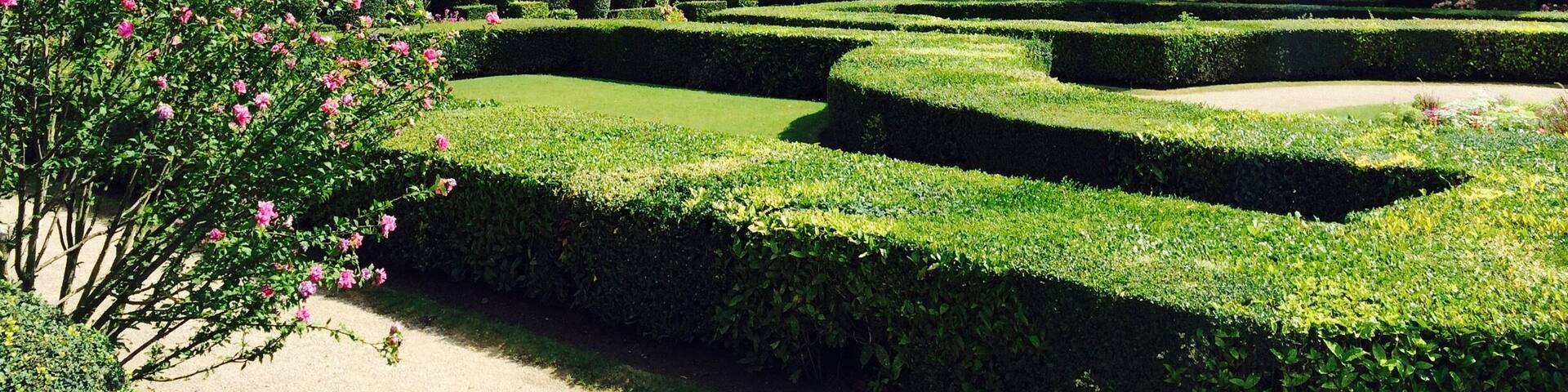 A historic building with classical architecture, a formal garden with hedges, and a clear blue sky.
