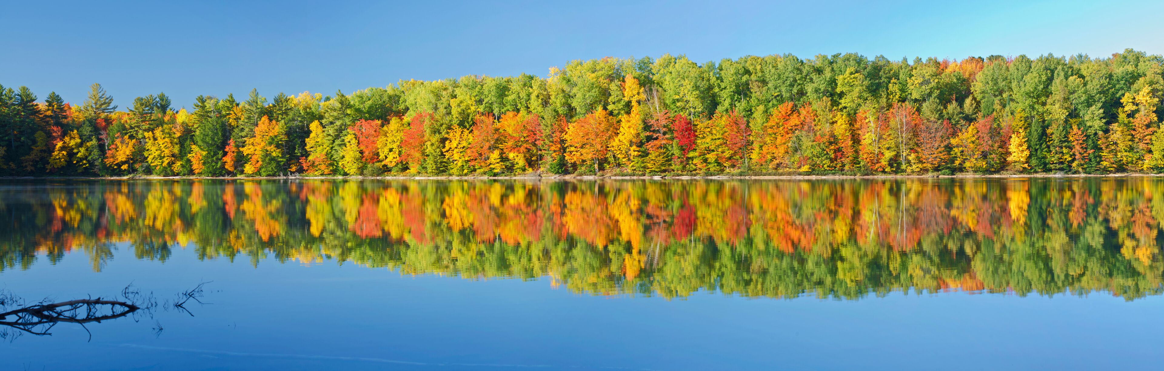A calm lake reflecting a forest of autumn-colored trees.