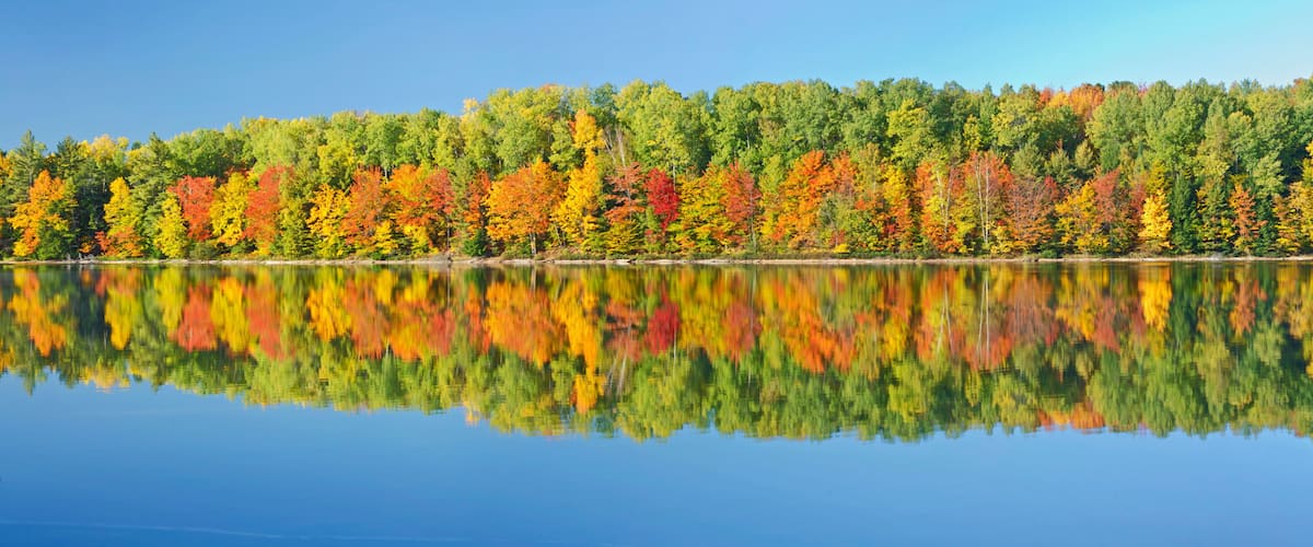 A calm lake reflecting a forest of autumn-colored trees.