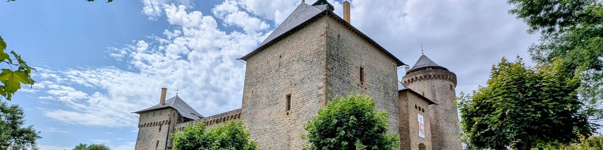 A historic stone castle with two towers, surrounded by lush greenery and a clear sky.