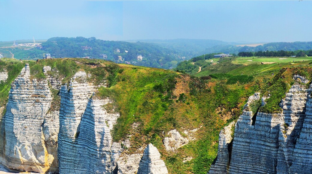 Picturesque panoramic landscape on the cliffs of Etretat. Natural amazing cliffs. Etretat, Normandy, France, La Manche or English Channel. Coast of the Pays de Caux area in sunny summer day