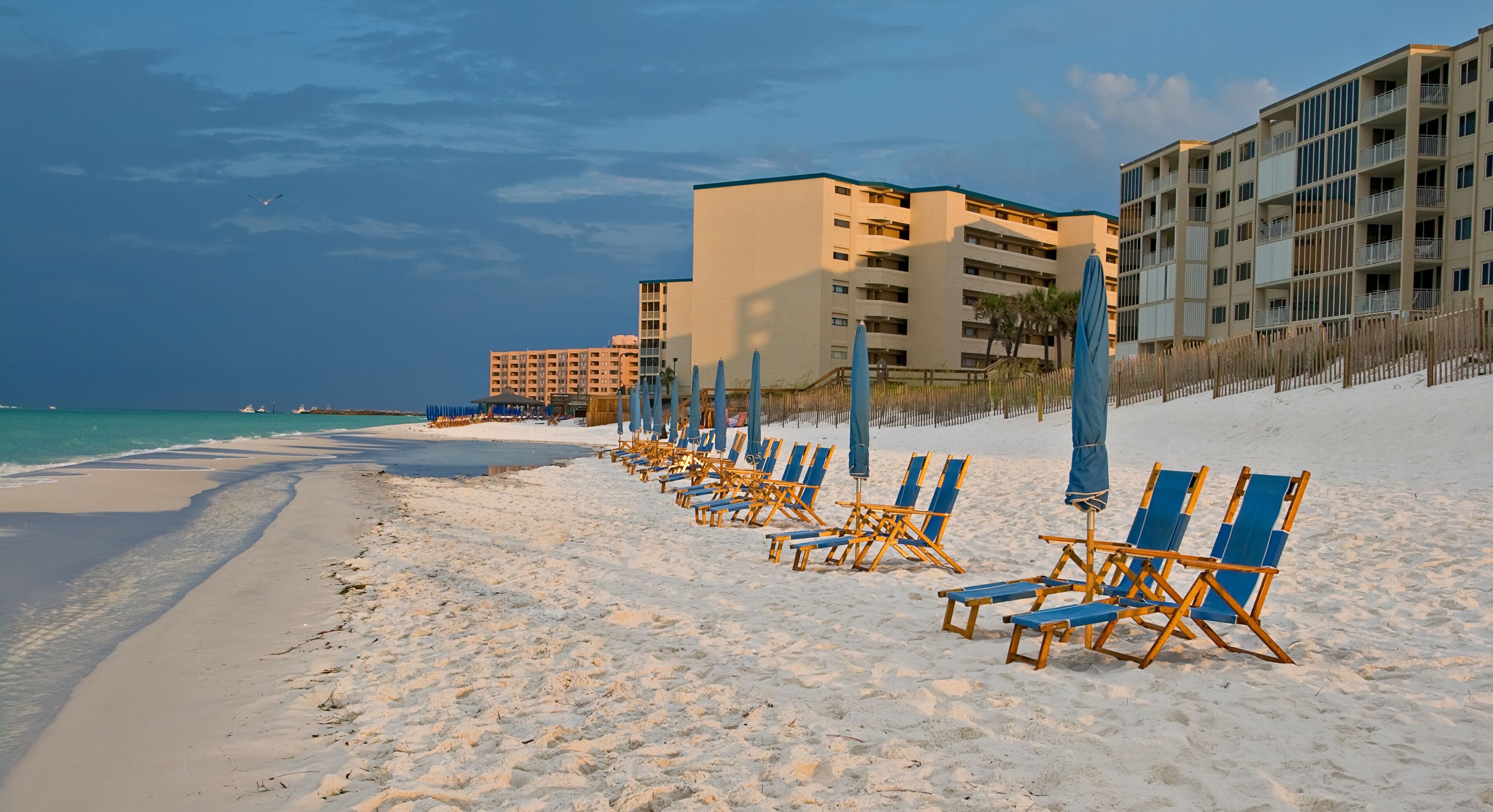 A beach with rows of blue and yellow beach chairs, a sandy shore, and buildings in the background.