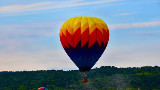 Hot air balloon flying in the sunset,