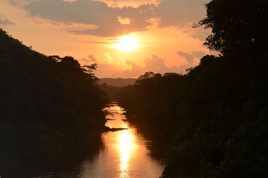 sunset over the river with a reflection. Seethawaka river , Sri Lanka.