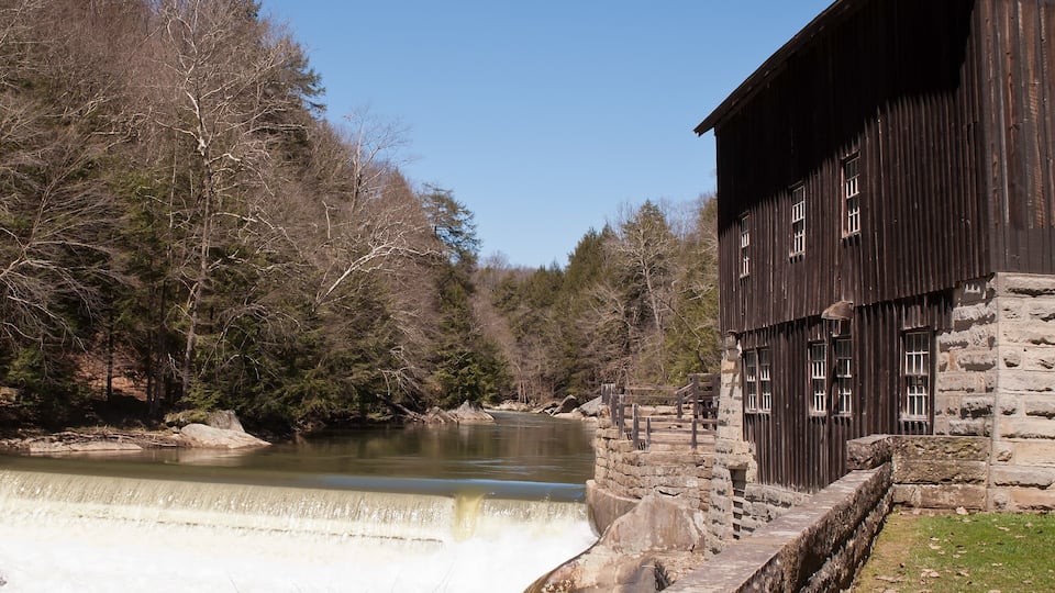 A river with a dam, a wooden building, and a forested area.