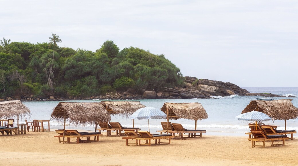 Tranquil Beach With Straw Umbrellas And Lounge Chairs In Sri Lanka