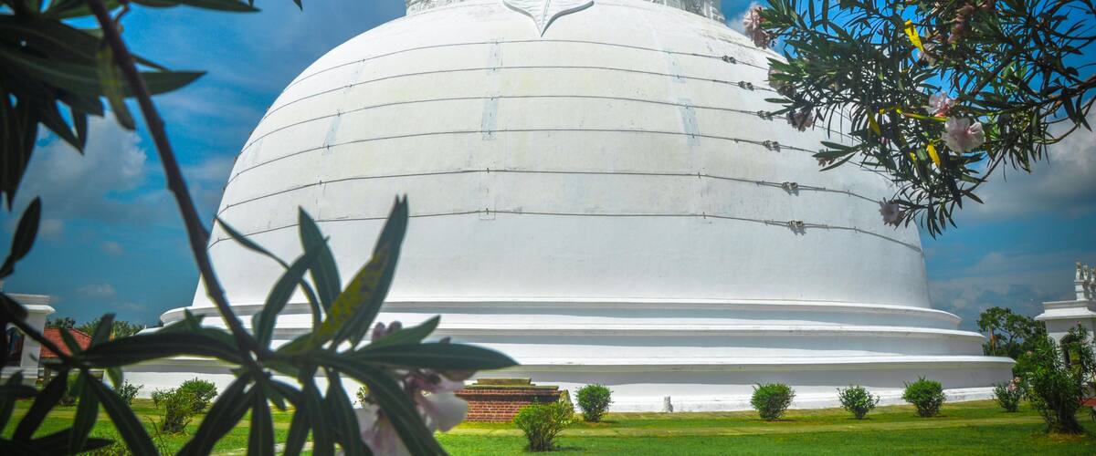A large white stupa surrounded by greenery and a clear blue sky.
