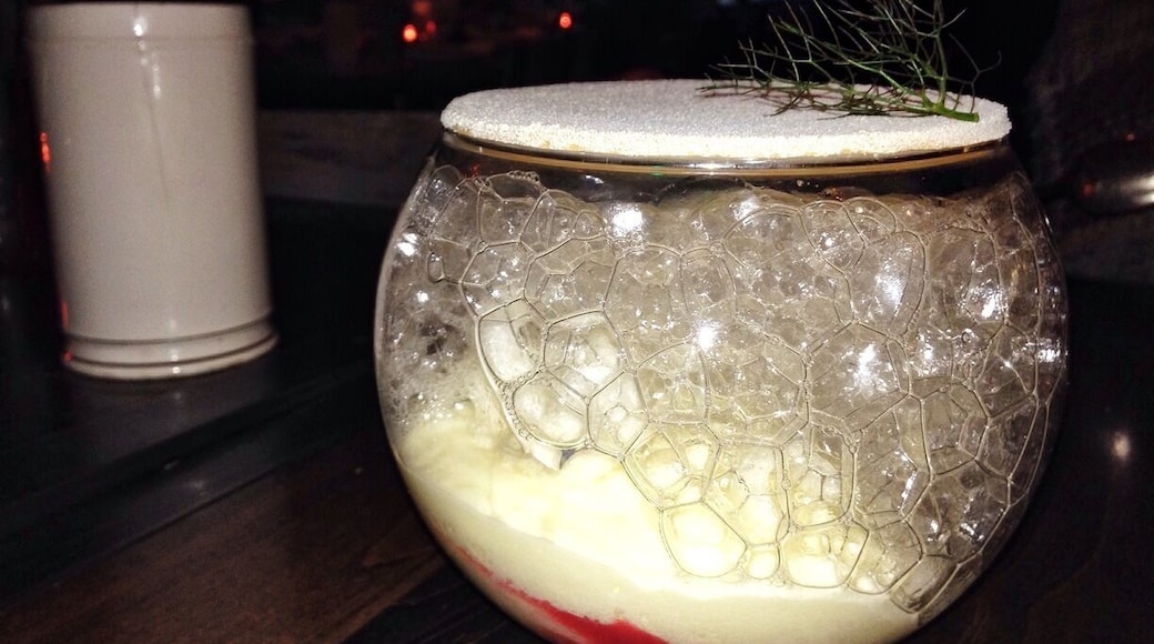This amazing dessert was served in a fishbowl, just like the other five courses. Inside was a crème Chiboust with sour red current jelly, almond praline, rice crackers and orange blossom bubbles. Topping it off was a disc of shaved ice infused with redwood stems. Pretty imaginative and incredible tasty.