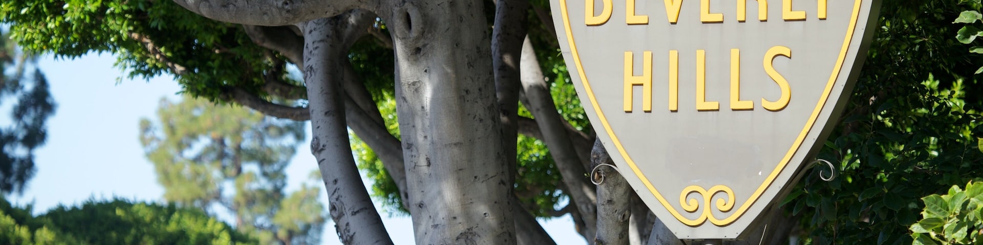 Sign marking Beverly Hills, California, surrounded by lush greenery and vibrant trees on a sunny day