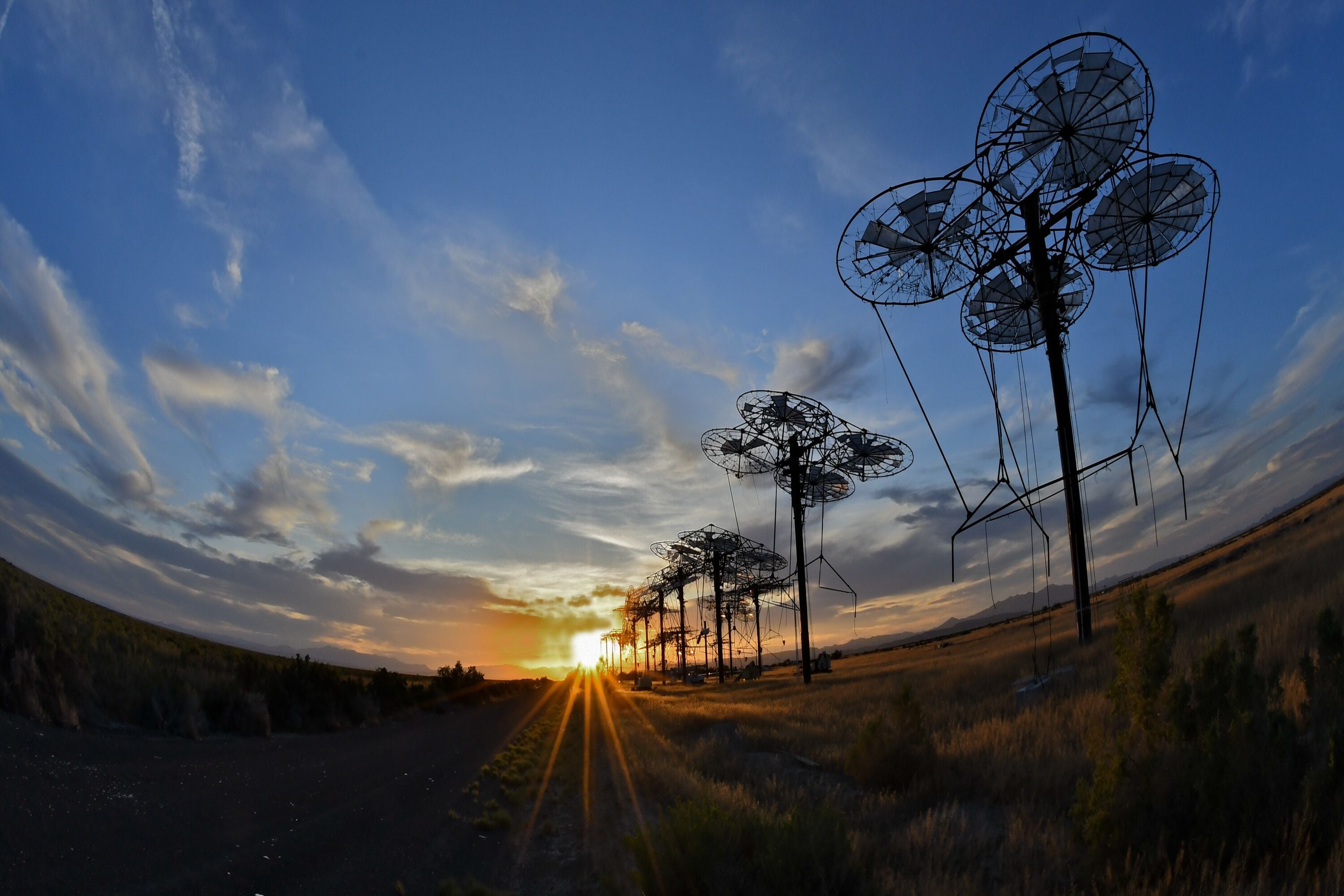 Fisheye panorama of Delta Solar Ruins at sunset, Hinkley, Utah