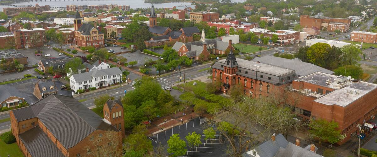 Aerial Perspective over the Downtown Urban City Center of New Bern NC