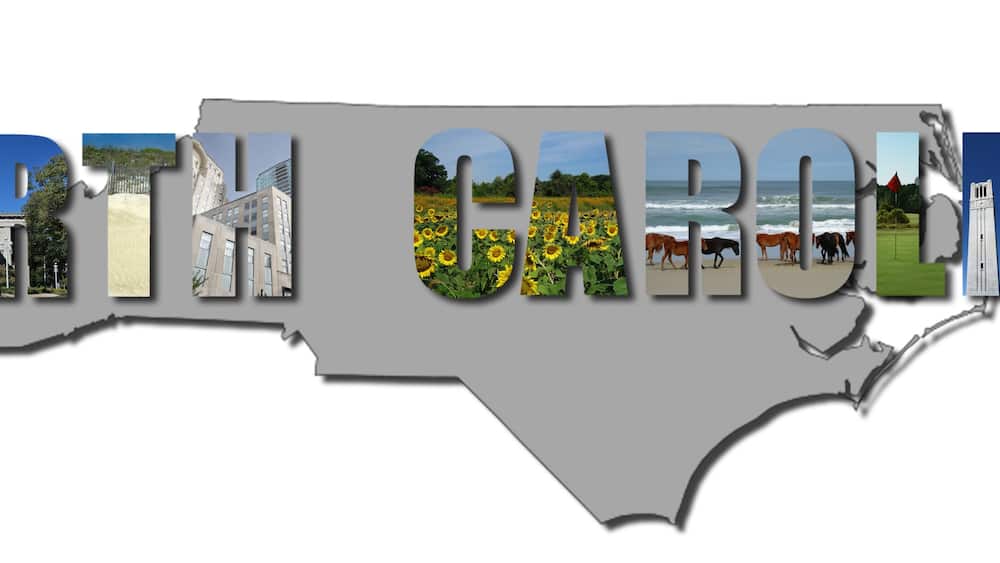 Banner collage of North Carolina images over state shape, including NC beaches, mountains and cities
