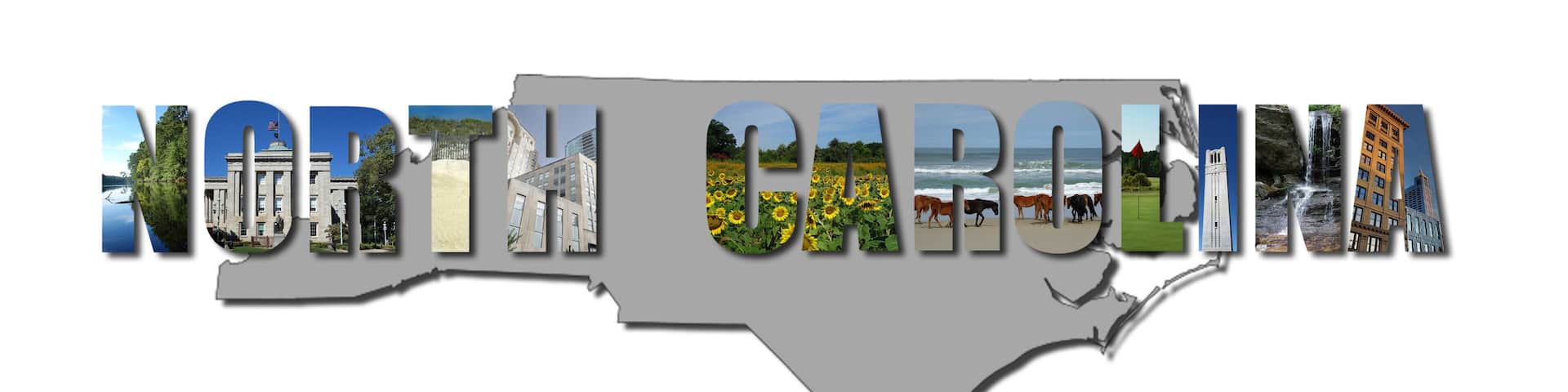 Banner collage of North Carolina images over state shape, including NC beaches, mountains and cities