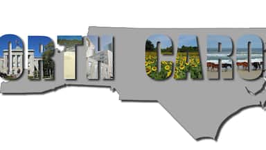 Banner collage of North Carolina images over state shape, including NC beaches, mountains and cities
