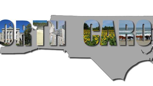Banner collage of North Carolina images over state shape, including NC beaches, mountains and cities