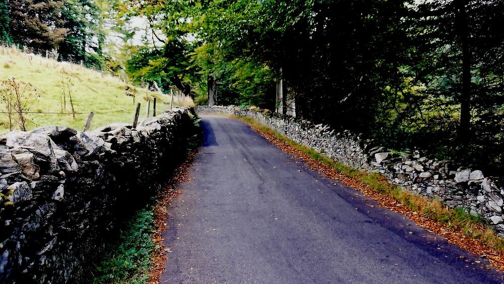 A narrow rural road flanked by stone walls and trees.
