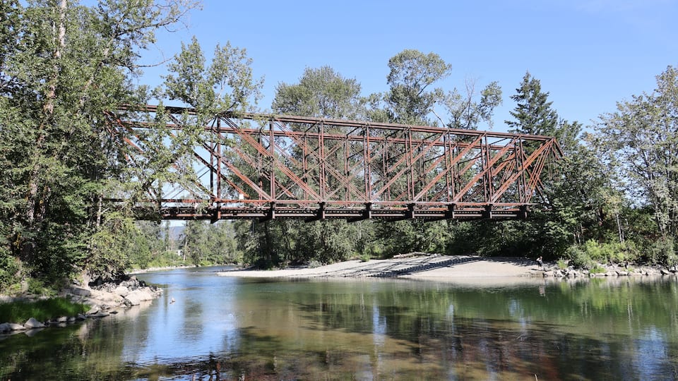 A rusted metal bridge spanning a river, surrounded by dense trees and clear water.