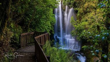 A wooden bridge leading to a waterfall surrounded by lush greenery.
