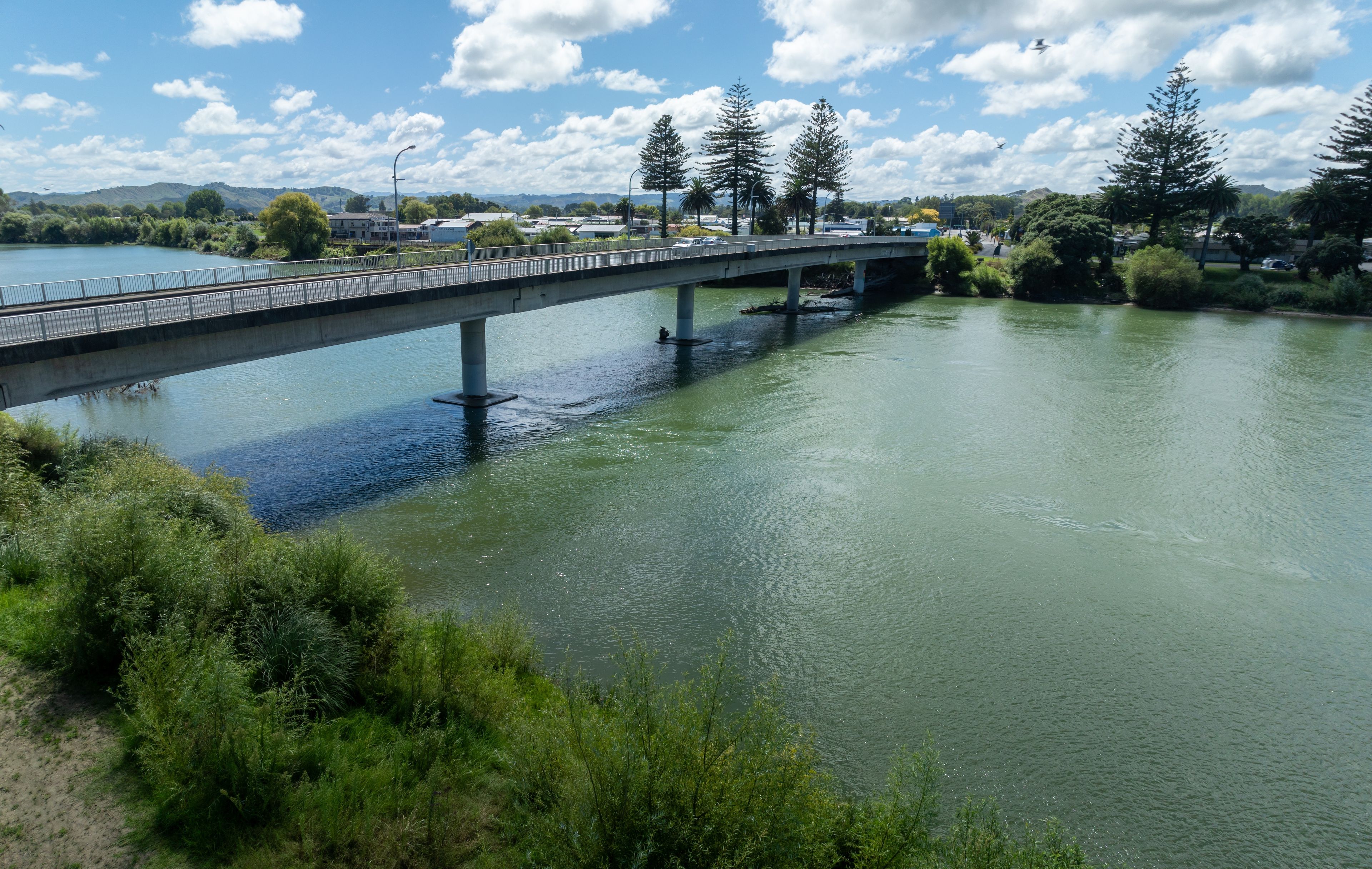 Un puente sobre un río, con vegetación y árboles al fondo.