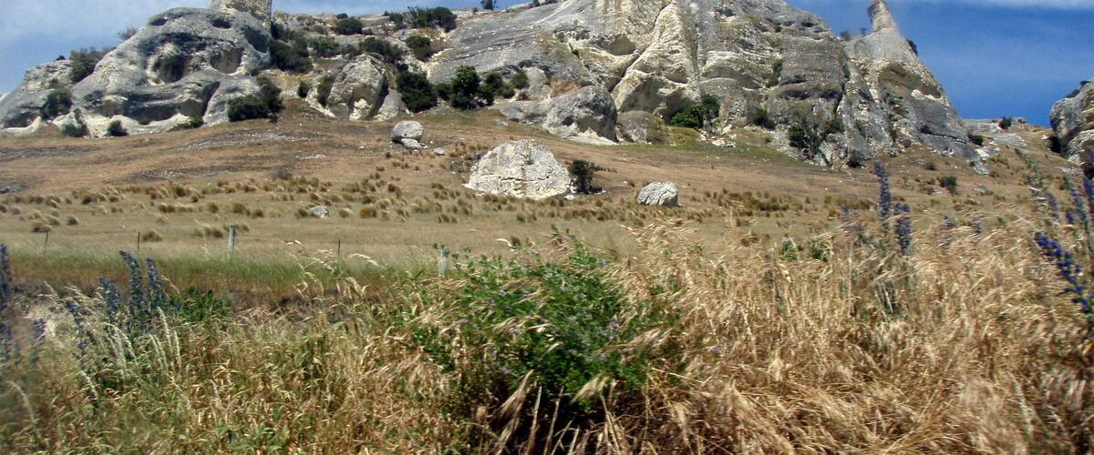 A rocky hill with sparse vegetation and a clear sky.