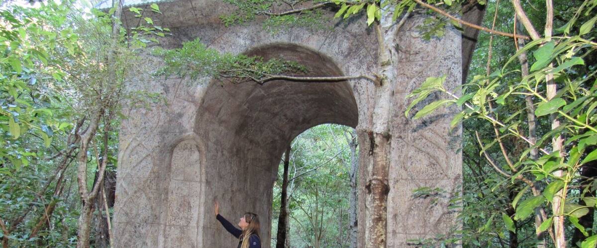 A stone archway in a forested area.